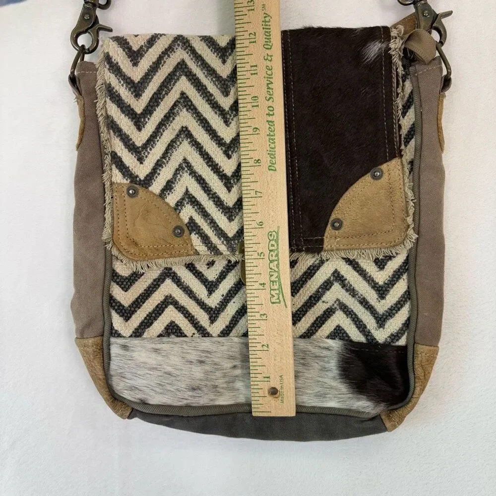 Myra Bag Grey Zig Zag with Fur Detail Flap‎ Closure Crossbody Purse